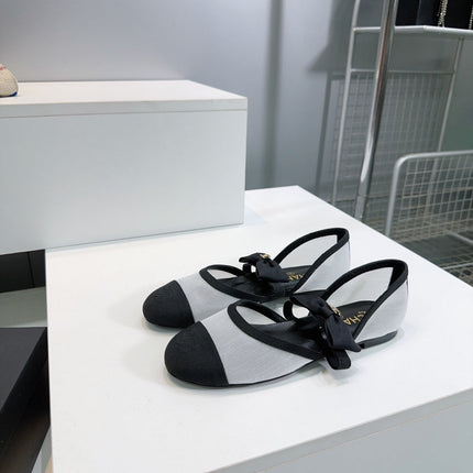 CHANEL FLAT MARY JANE SHOES 25S IN WHITE MIX BLACK MESH FABRIC EMBOSSED LOGO WITH BOW