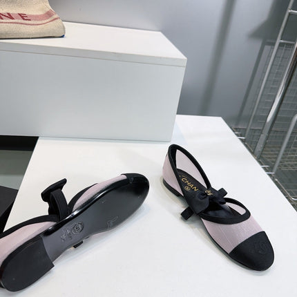 CHANEL FLAT MARY JANE SHOES 25S IN LIGHT PURPLE MIX BLACK MESH FABRIC EMBOSSED LOGO WITH BOW