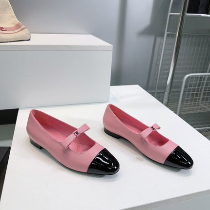 CHANEL FLAT MARY JANE SHOES 25S IN PINK LAMBSKIN MIX BLACK GLOSSY WITH BOW