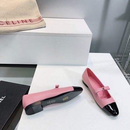 CHANEL FLAT MARY JANE SHOES 25S IN PINK LAMBSKIN MIX BLACK GLOSSY WITH BOW