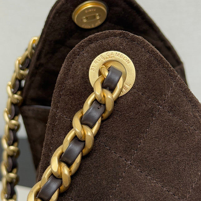 CHANEL 25S HOBO BAG 30 CM IN DARK BROWN SUEDE WITH GOLD HARDWARE