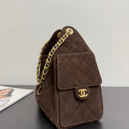 CHANEL 25S HOBO BAG 30 CM IN DARK BROWN SUEDE WITH GOLD HARDWARE