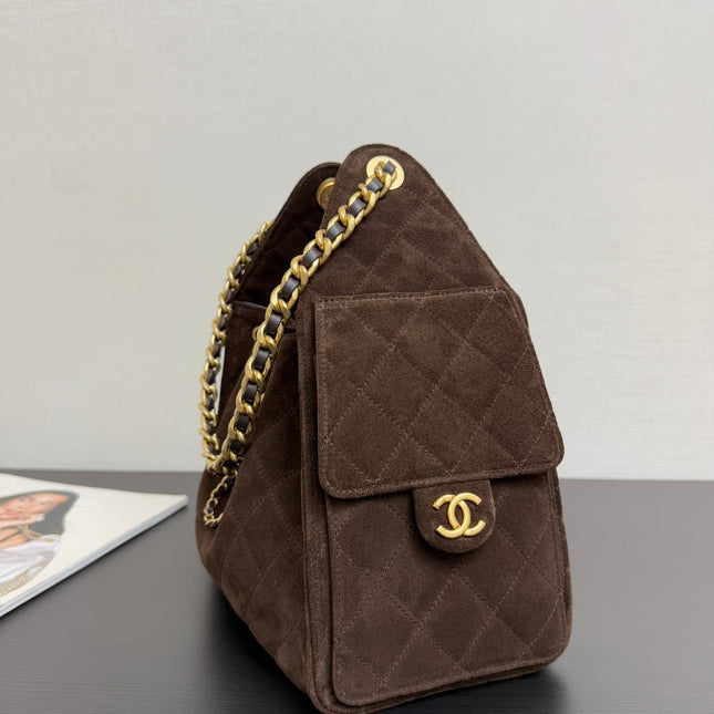 CHANEL 25S HOBO BAG 30 CM IN DARK BROWN SUEDE WITH GOLD HARDWARE