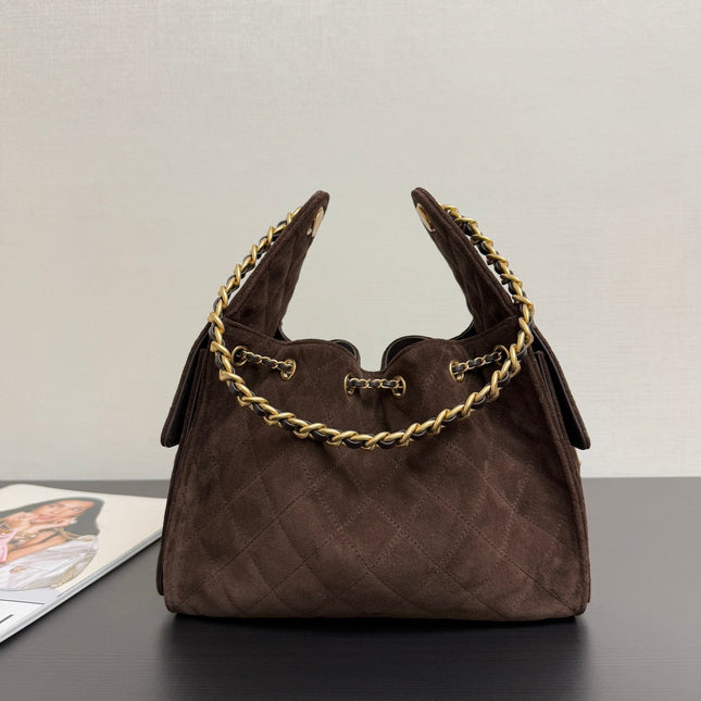 CHANEL 25S HOBO BAG 30 CM IN DARK BROWN SUEDE WITH GOLD HARDWARE