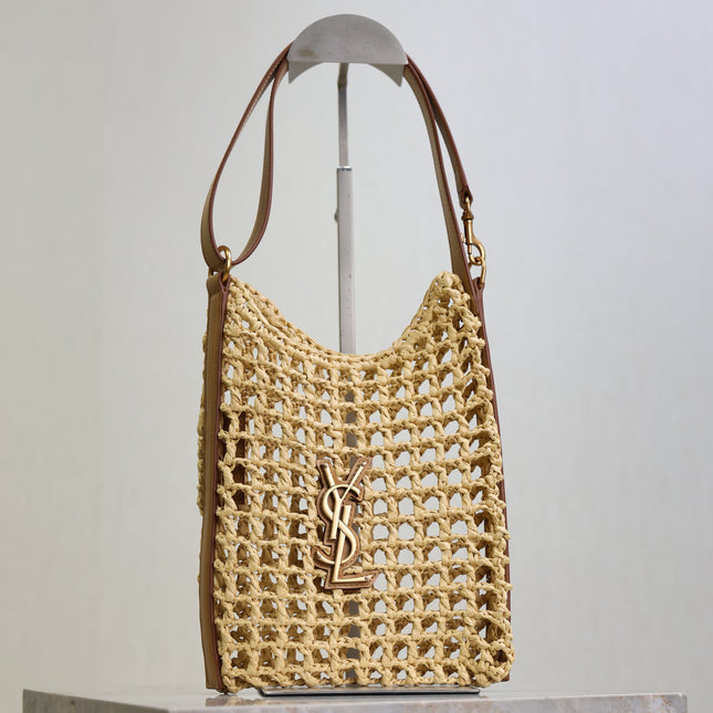 OXALIS 25  IN RAFFIA CROCHET AND LEATHER VINTAGE BROWN