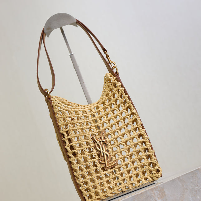 OXALIS 25  IN RAFFIA CROCHET AND LEATHER VINTAGE BROWN