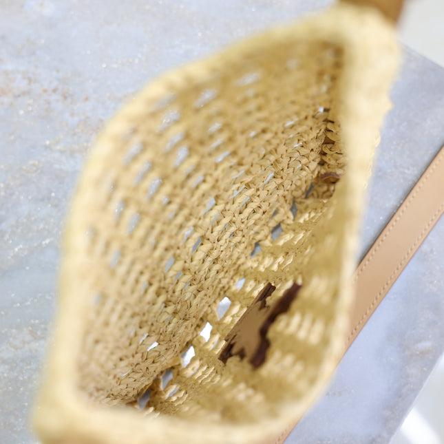 OXALIS 25  IN RAFFIA CROCHET AND LEATHER VINTAGE BROWN