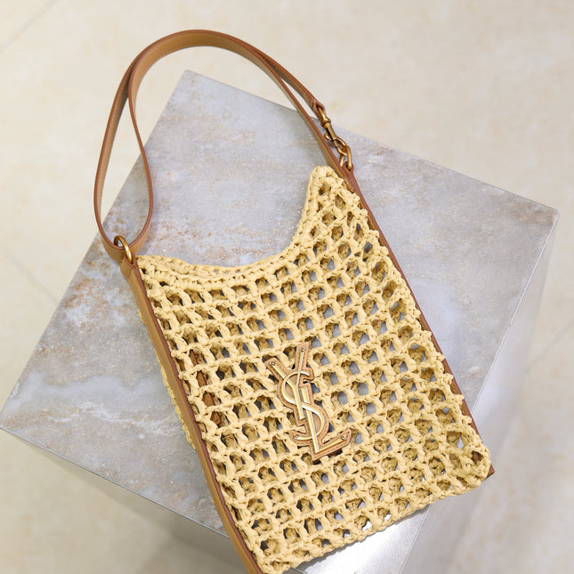 OXALIS 25  IN RAFFIA CROCHET AND LEATHER VINTAGE BROWN