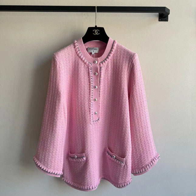 Chanel 25P Long-Sleeve Top Pink Tweed Pearl Buttons