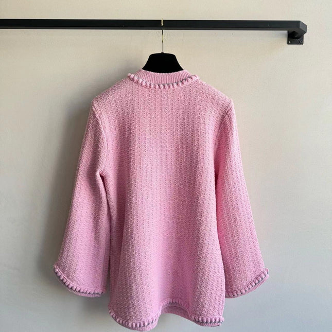 Chanel 25P Long-Sleeve Top Pink Tweed Pearl Buttons