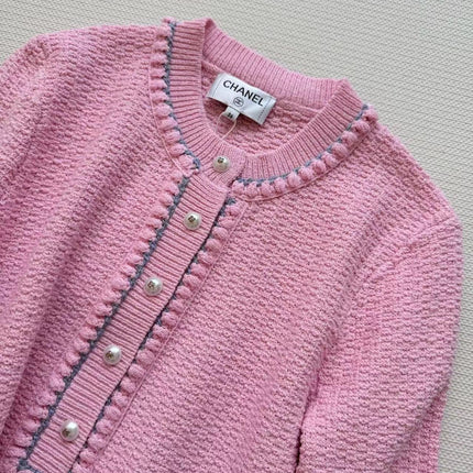 Chanel 25P Long-Sleeve Top Pink Tweed Pearl Buttons