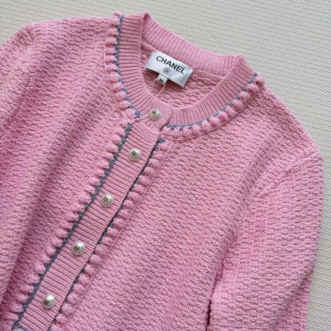 Chanel 25P Long-Sleeve Top Pink Tweed Pearl Buttons