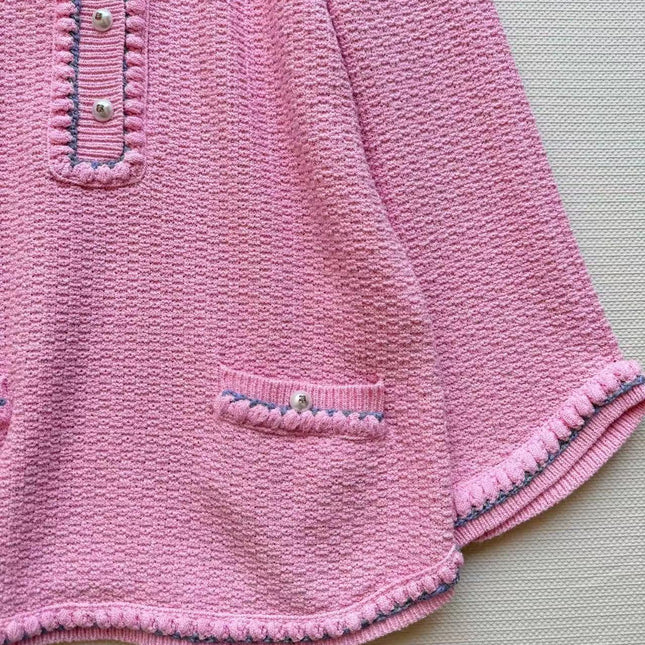 Chanel 25P Long-Sleeve Top Pink Tweed Pearl Buttons