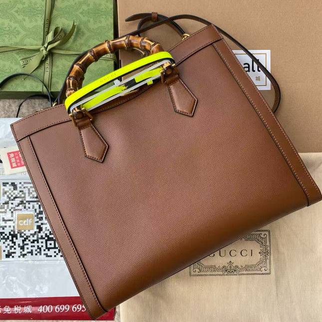 MEDIUM DIANA TOTE BAG 35 IN BROWN LACQUER CALFSKIN BAMBOO HANDLE