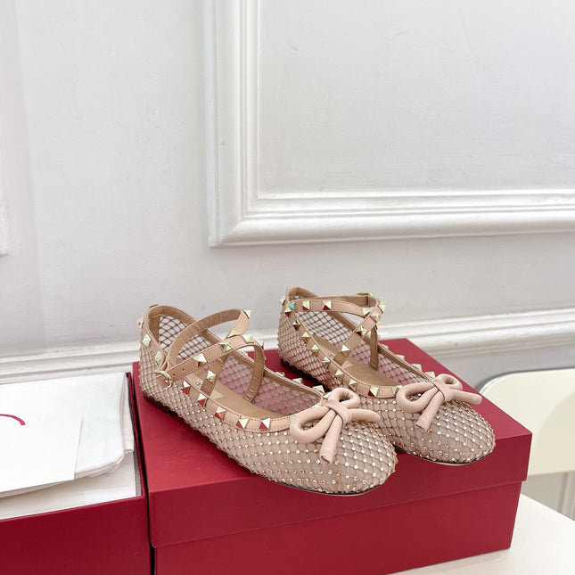 BALLET FLATS ROCKSTUD MESH WITH CRYSTALS IN ROSE CANNELLE