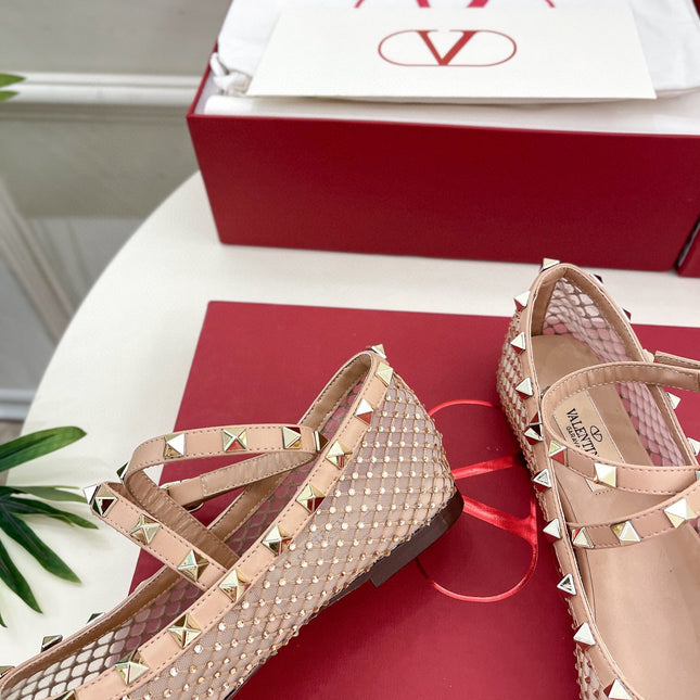 BALLET FLATS ROCKSTUD MESH WITH CRYSTALS IN ROSE CANNELLE