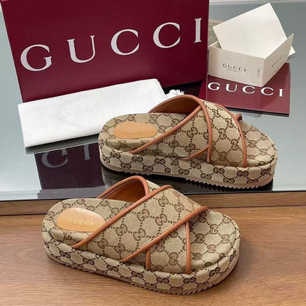 GG PLATFORM SANDALS IN BEIGE AND DARK BROWN GG CANVAS