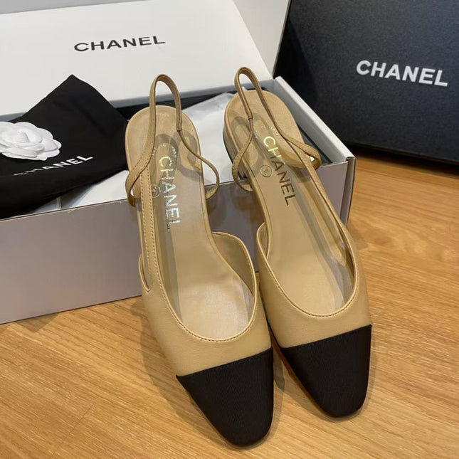 SLINGBACKS IN BEIGE LAMBSKIN AND BLACK SATIN