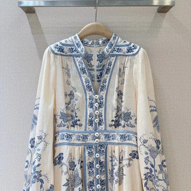 ZIMMERMANN Lucky Plunge Midi Dress Cream/Blue Floral Linen Fabric