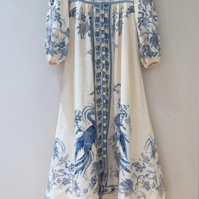 ZIMMERMANN Lucky Plunge Midi Dress Cream/Blue Floral Linen Fabric