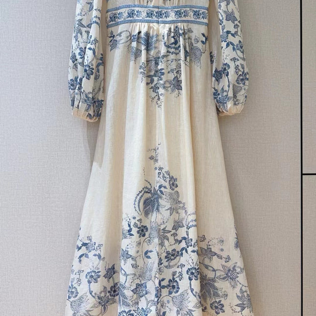 ZIMMERMANN Lucky Plunge Midi Dress Cream/Blue Floral Linen Fabric