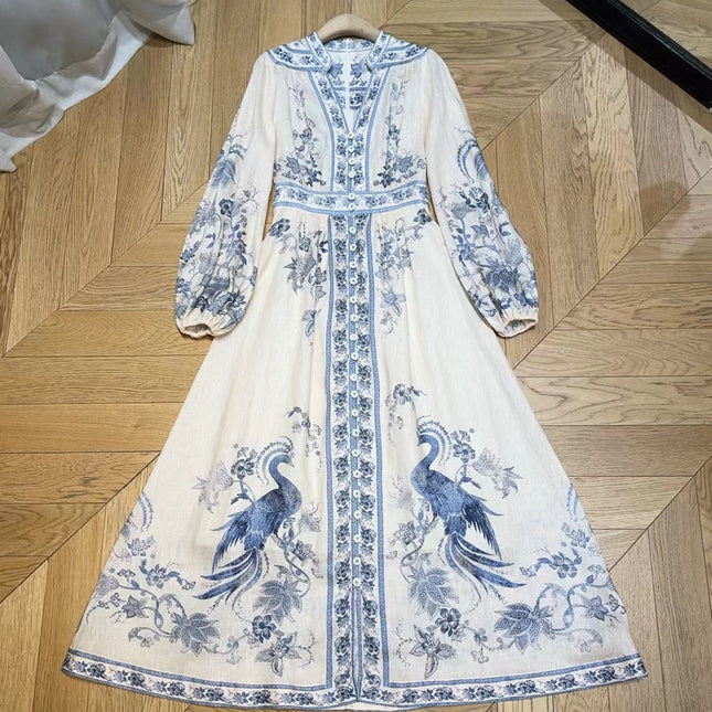 ZIMMERMANN Lucky Plunge Midi Dress Cream/Blue Floral Linen Fabric