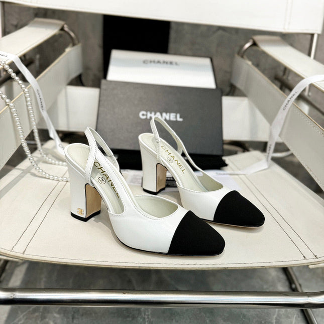 HIGH SLINGBACK IN BLACK FABRIC AND WHITE CALFSKIN