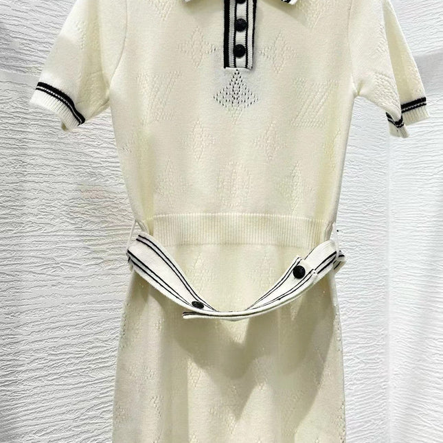 Stripe Accent Knit Polo Dress White Black Wool And Cashmere