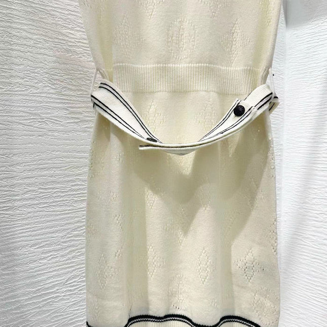 Stripe Accent Knit Polo Dress White Black Wool And Cashmere