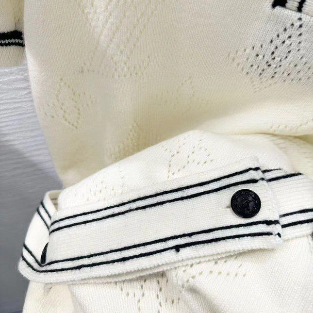 Stripe Accent Knit Polo Dress White Black Wool And Cashmere