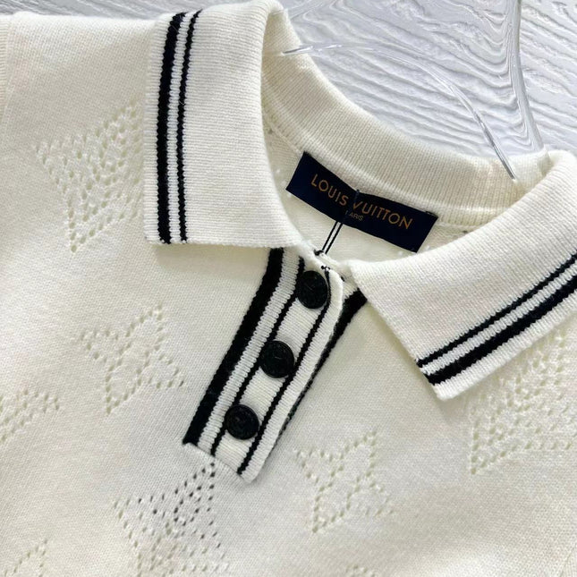 Stripe Accent Knit Polo Dress White Black Wool And Cashmere