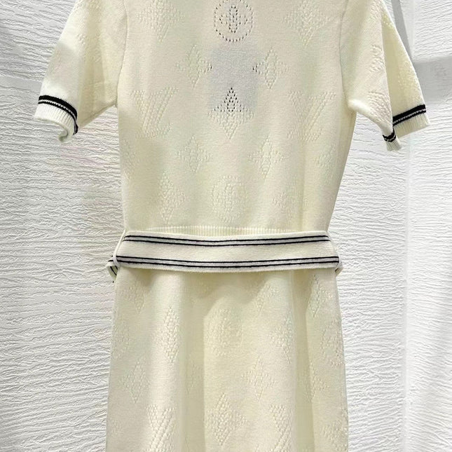 Stripe Accent Knit Polo Dress White Black Wool And Cashmere