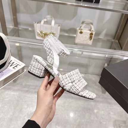 CC HIGH-HEELED SANDALS IN BLACK AND WHITE TWEED