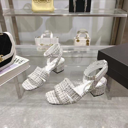 CC HIGH-HEELED SANDALS IN BLACK AND WHITE TWEED
