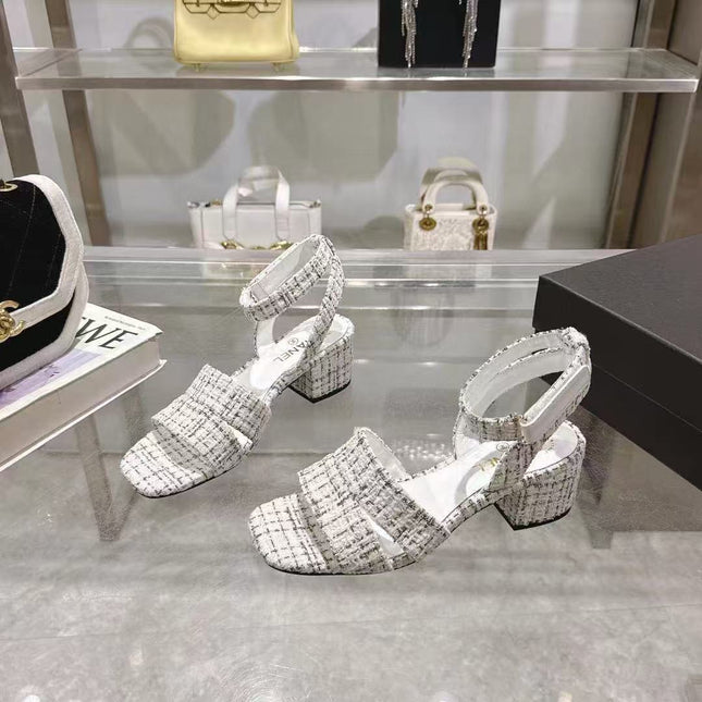 CC HIGH-HEELED SANDALS IN BLACK AND WHITE TWEED