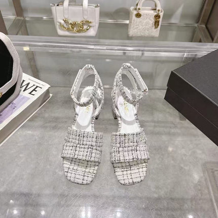 CC HIGH-HEELED SANDALS IN BLACK AND WHITE TWEED