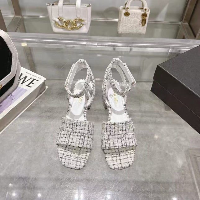 CC HIGH-HEELED SANDALS IN BLACK AND WHITE TWEED