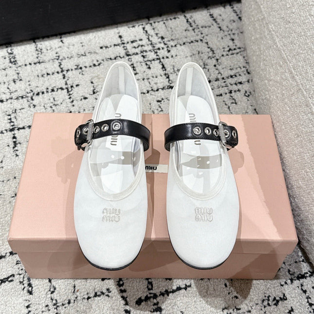 MM BALLET FLATS IN WHITE MESH AND BLACK LEATHER