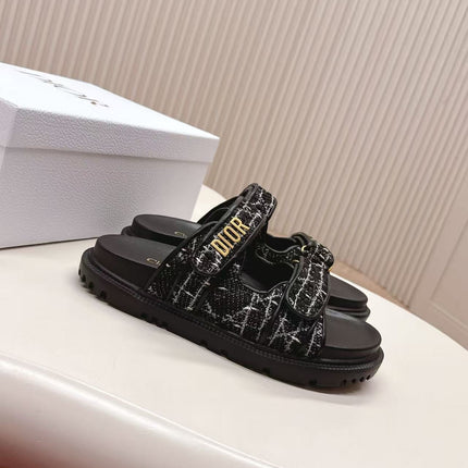 DIORACT SANDALS IN BLACK TWEED WITH GOLD LOGO BUCKLE