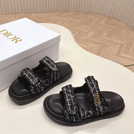 DIORACT SANDALS IN BLACK TWEED WITH GOLD LOGO BUCKLE