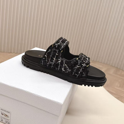 DIORACT SANDALS IN BLACK TWEED WITH GOLD LOGO BUCKLE