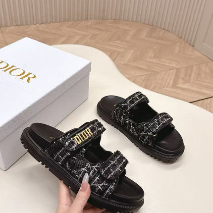 DIORACT SANDALS IN BLACK TWEED WITH GOLD LOGO BUCKLE