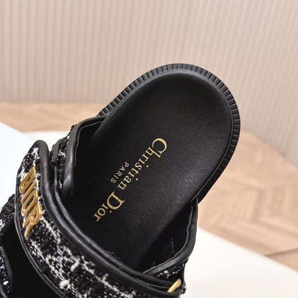 DIORACT SANDALS IN BLACK TWEED WITH GOLD LOGO BUCKLE