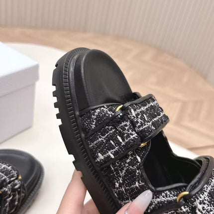 DIORACT SANDALS IN BLACK TWEED WITH GOLD LOGO BUCKLE