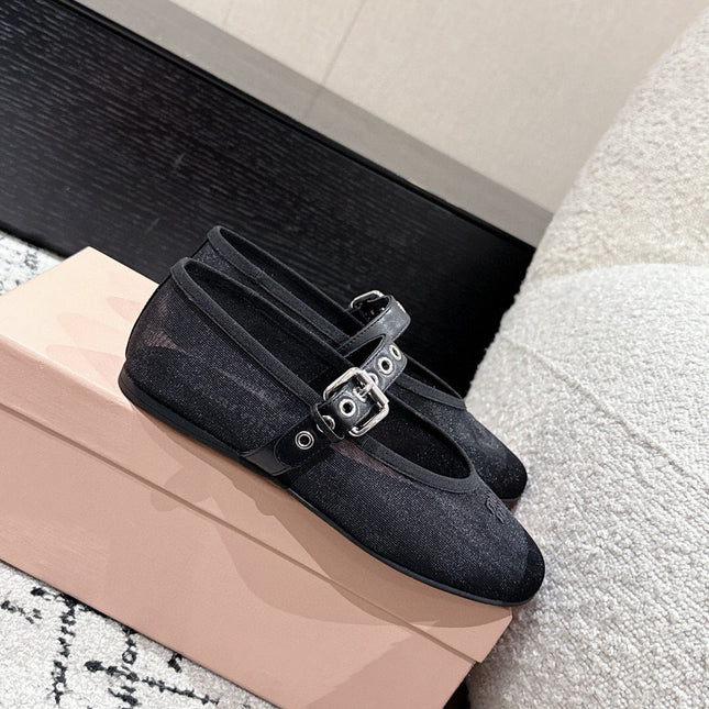 MM BALLET FLATS IN BLACK MESH AND LEATHER