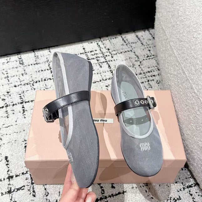 MM BALLET FLATS IN GREY MESH AND LEATHER