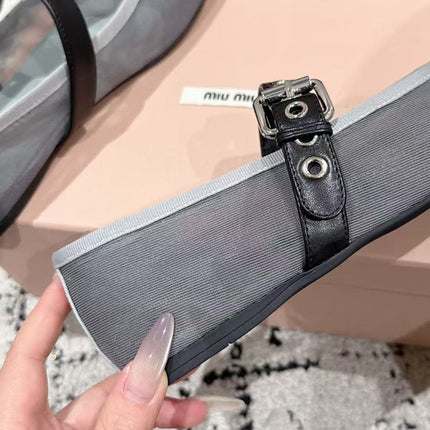 MM BALLET FLATS IN GREY MESH AND LEATHER