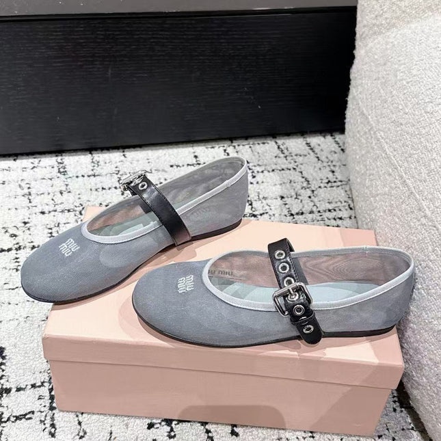 MM BALLET FLATS IN GREY MESH AND LEATHER