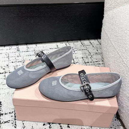MM BALLET FLATS IN GREY MESH AND LEATHER