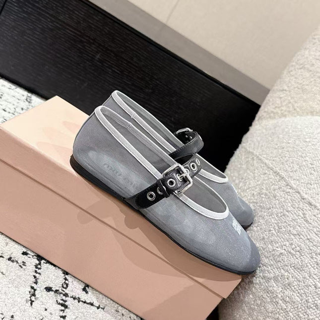 MM BALLET FLATS IN GREY MESH AND LEATHER
